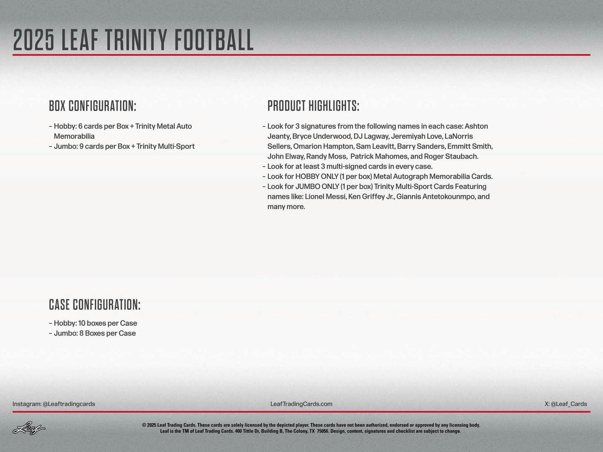 2025 Leaf Trinity Football Jumbo Hobby Box