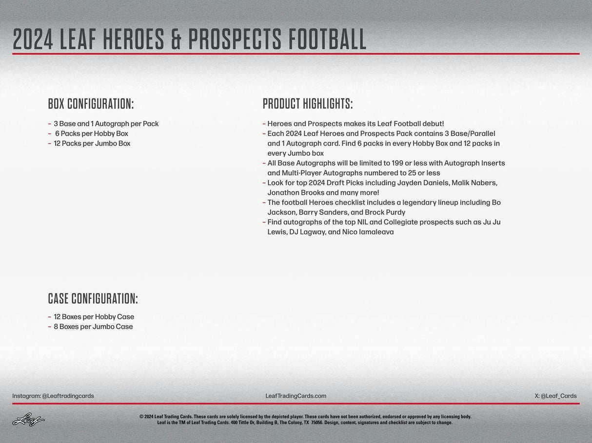 2024 Leaf Heroes & Prospects Football Hobby Jumbo Box