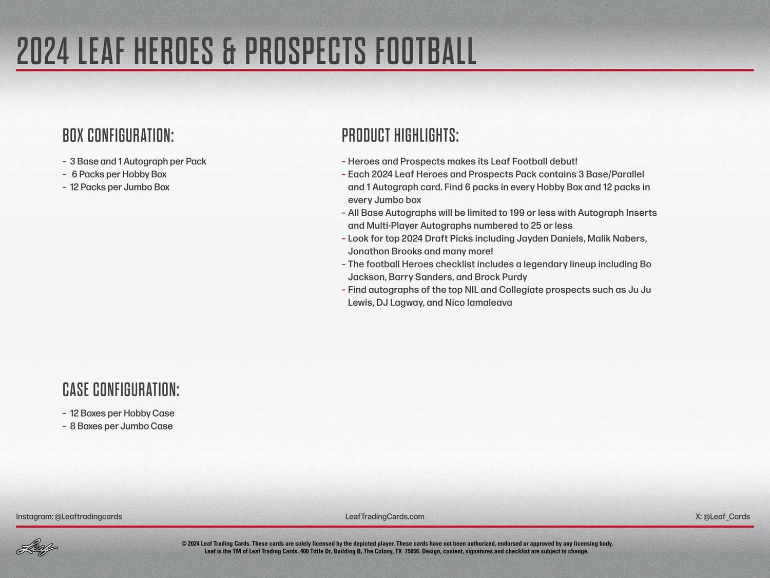 2024 Leaf Heroes & Prospects Football Hobby Box