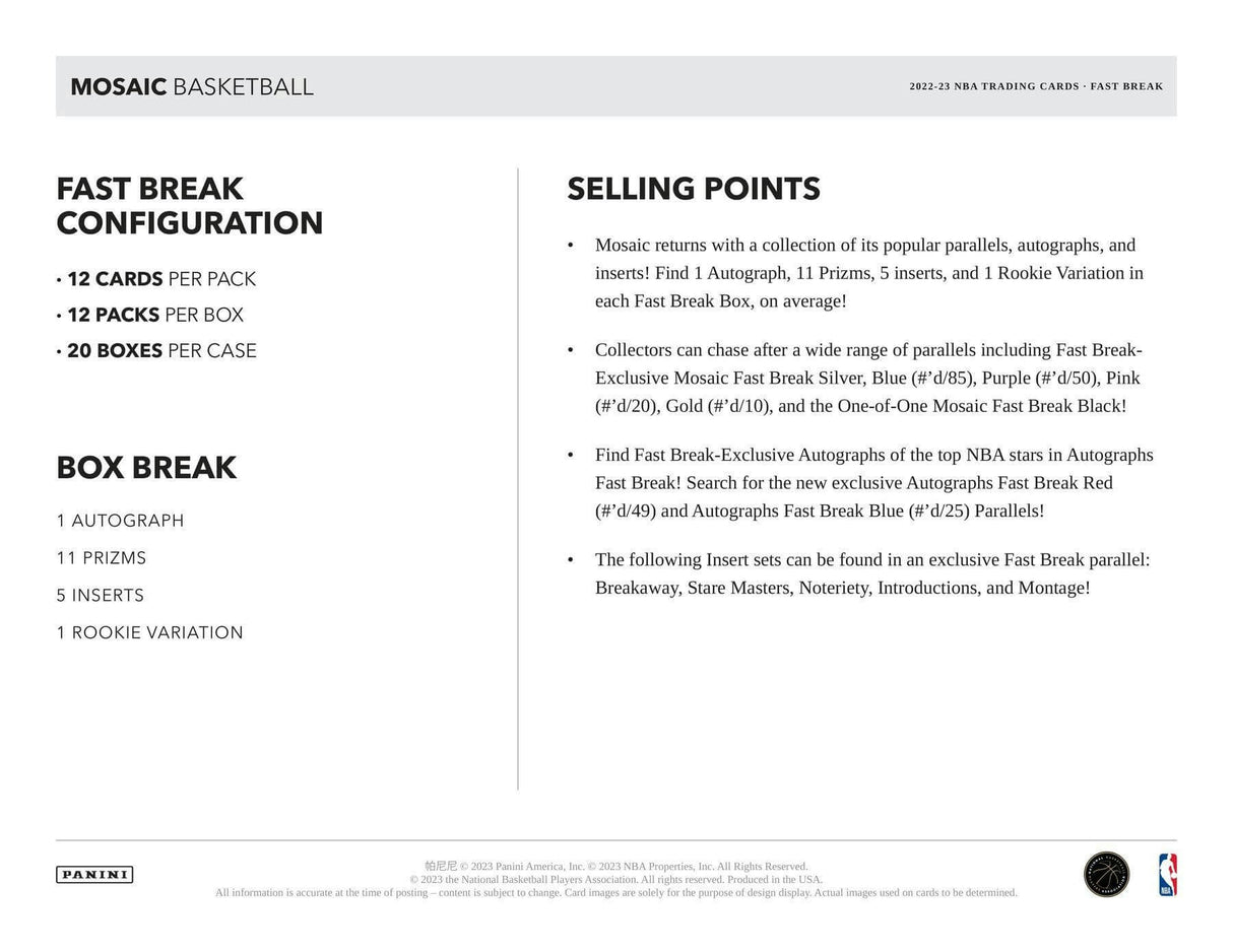 2022/23 Panini Mosaic Fast Break Basketball Hobby Box