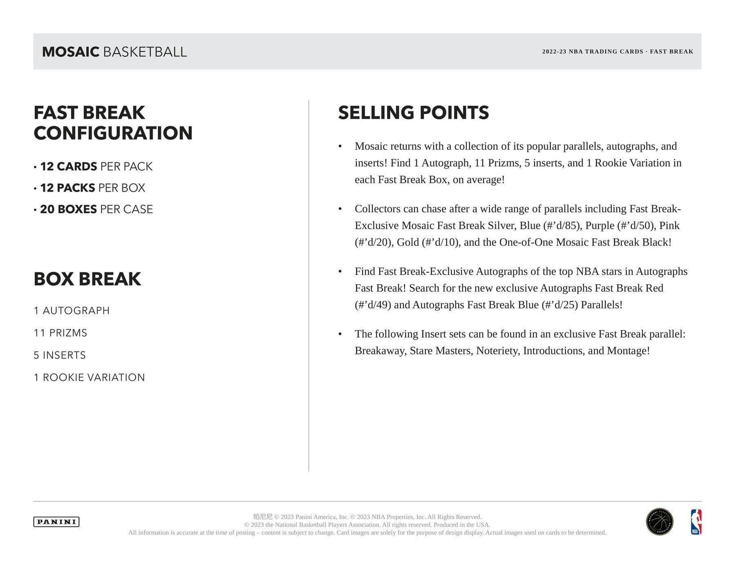 2022/23 Panini Mosaic Fast Break Basketball Hobby Box