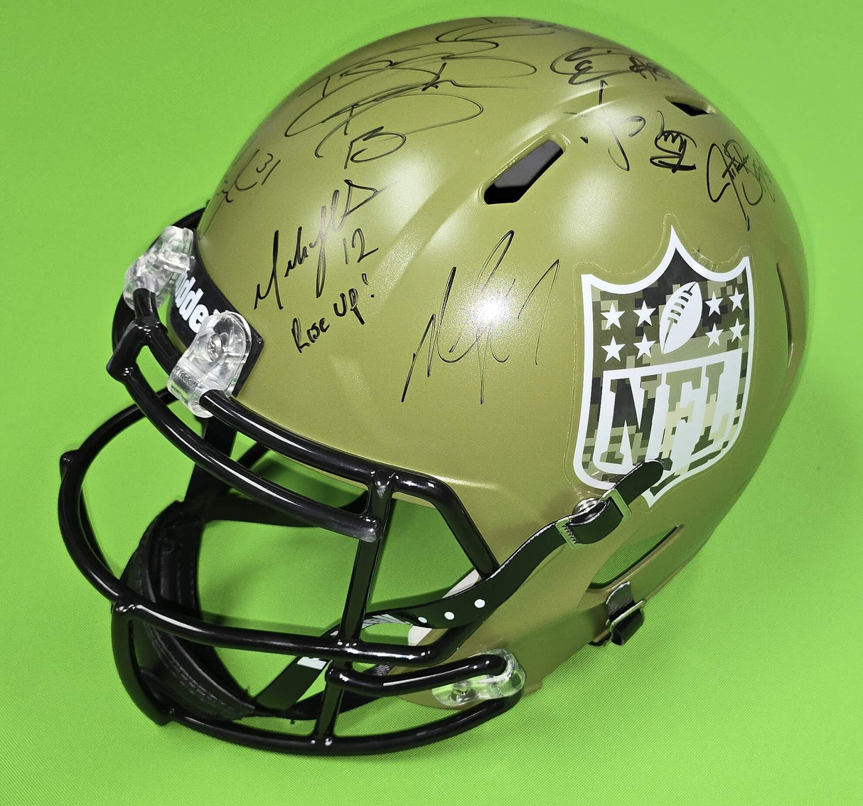 Hicks, Pryor, Landry, Stewart, Vick, Ebron, Avril Autographed NFL Salute To Service Replica Eclipse Speed Full-Size Helmet (Beckett)