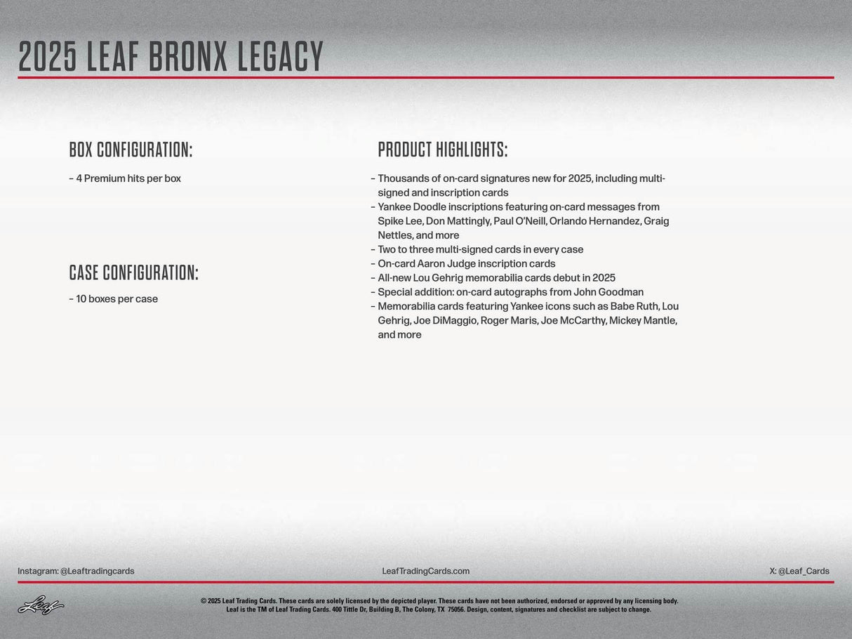 2025 Leaf Bronx Legacy Baseball Hobby Box