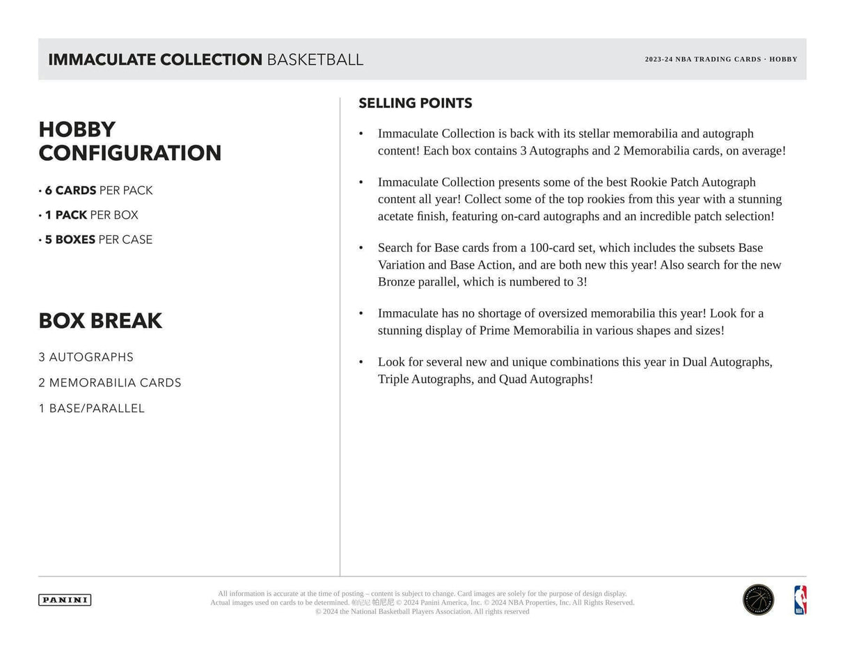 2023/24 Panini Immaculate Basketball Hobby Box