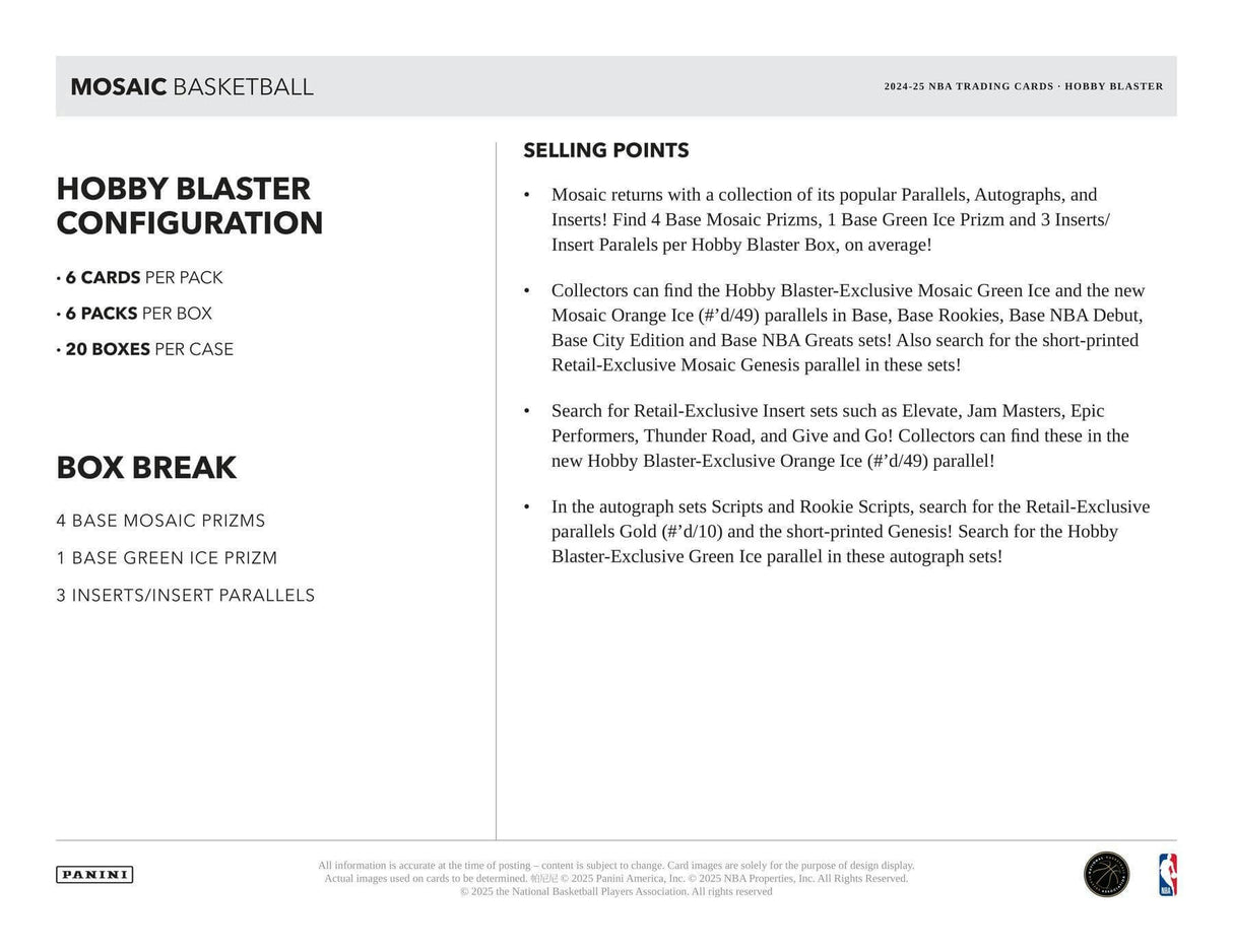 2024/25 Panini Mosaic Basketball 6-Pack Hobby Blaster 20-Box Case