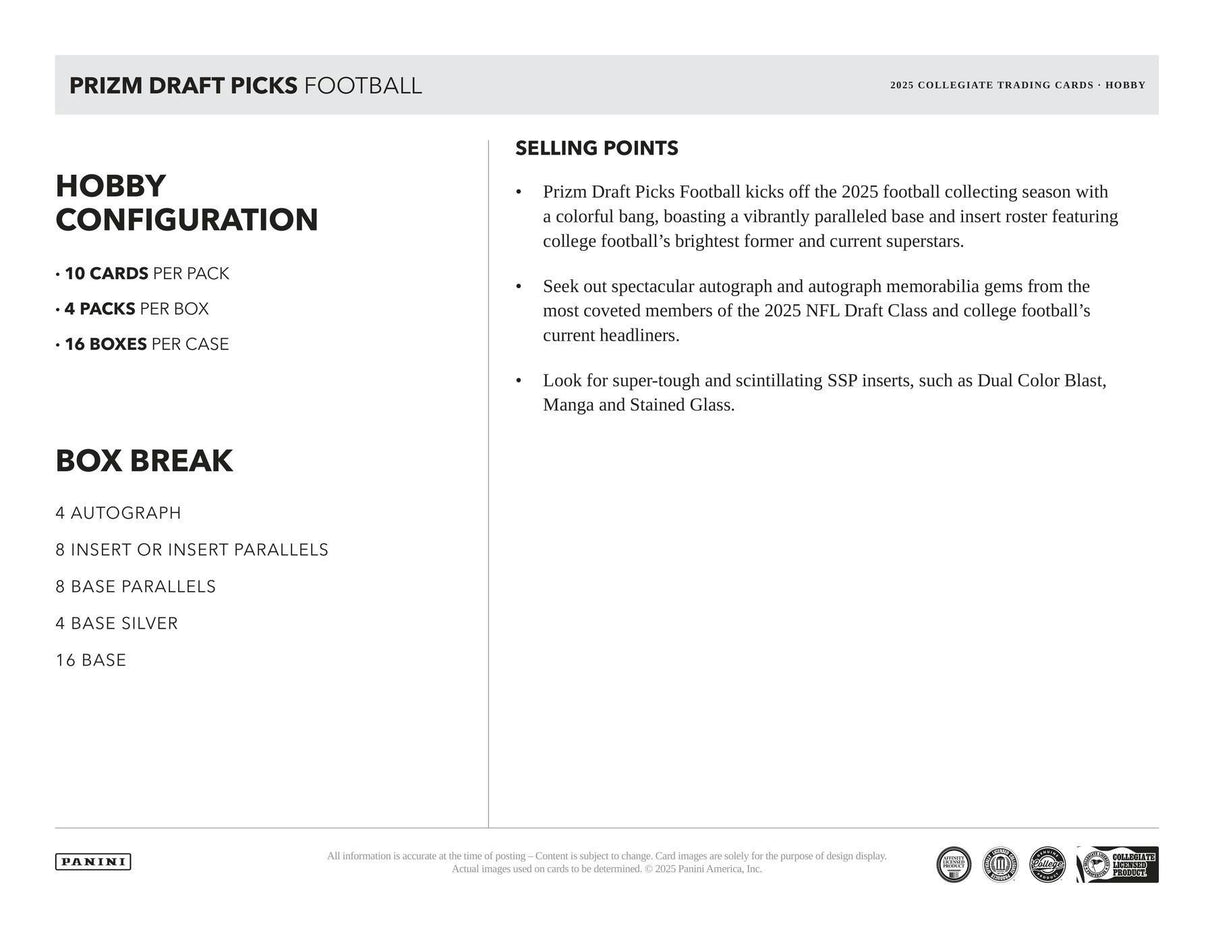 2025 Panini Prizm Draft Picks Collegiate Football Hobby Box