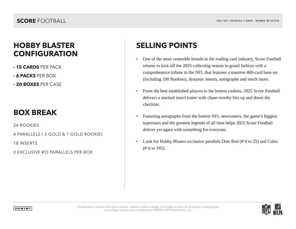 2025 Panini Score Football 6-Pack Hobby Blaster 20-Box Case