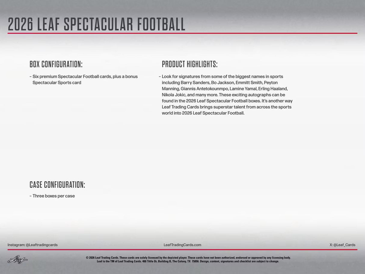 2026 Leaf Spectacular Football Hobby Box