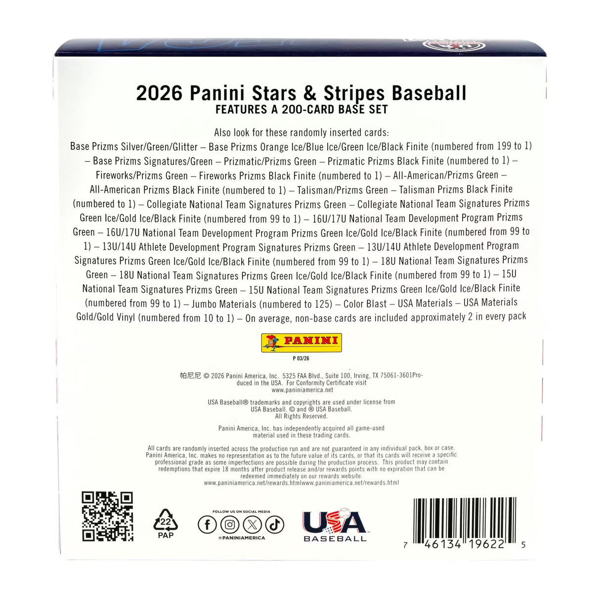 2026 Panini USA Stars & Stripes Prizm Baseball Mega 20-Box Case