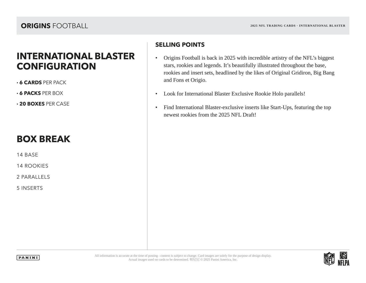 2025 Panini Origins Football International 6-Pack Blaster Box