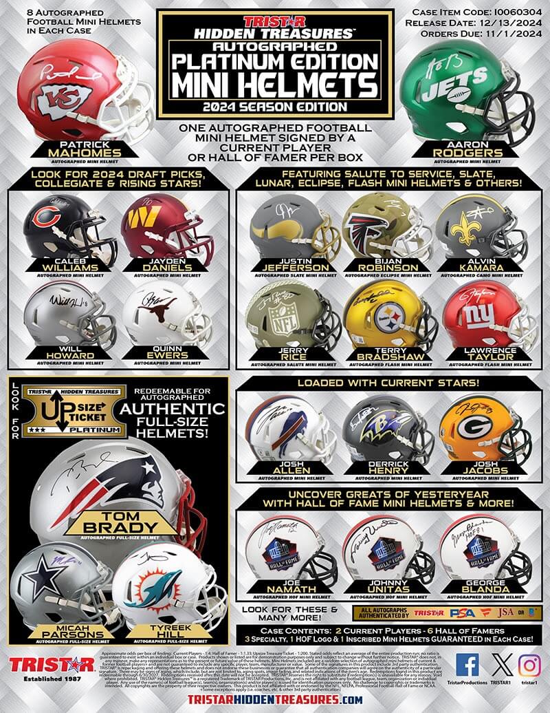 2024 TriStar Hidden Treasures Autographed Platinum Edition Mini Helmets (2024 Season Edition)